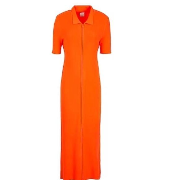 Woman ORANGE KNIT VISCOSE ZIP-UP POLO NECK DRESS Midi New with tag SIZE US XXL​ - Picture 2 of 5